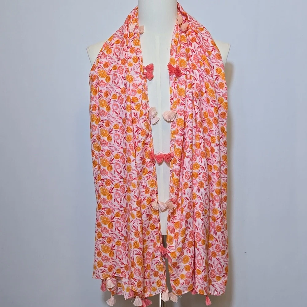 J. Crew Citrus Fruit Print Tassel Wrap Scarf Oranges Grapefruit Summer‎ Spring